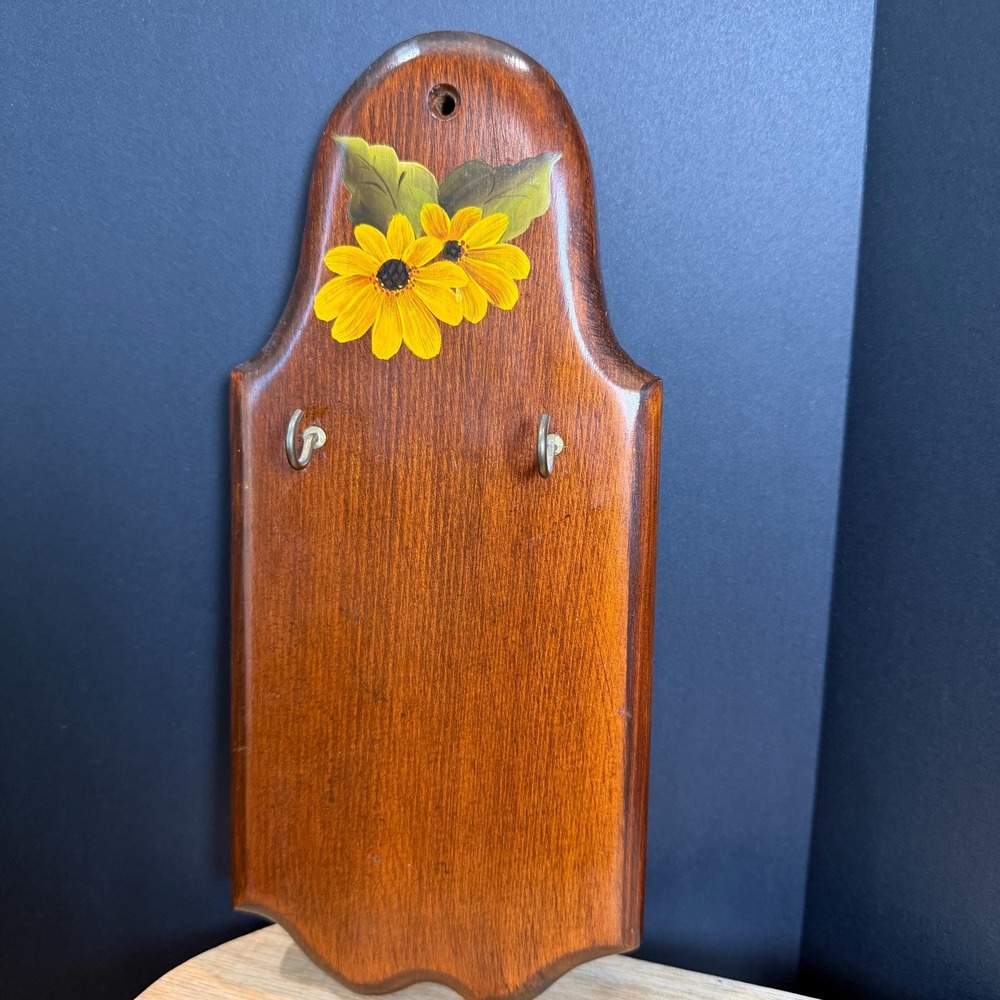 Hand Painted Wooden Key Holder Wall Plaque Sunflower Hooks Country Cottage Decor